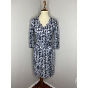 J. Mclaughlin Blue Floral Catalina Stretch Tie-Waist 3/4‎ Sleeve Dress XS